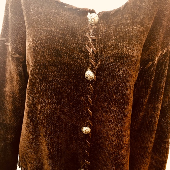 Brown Velour Sweater With Fringe Size Medium - Picture 2 of 6